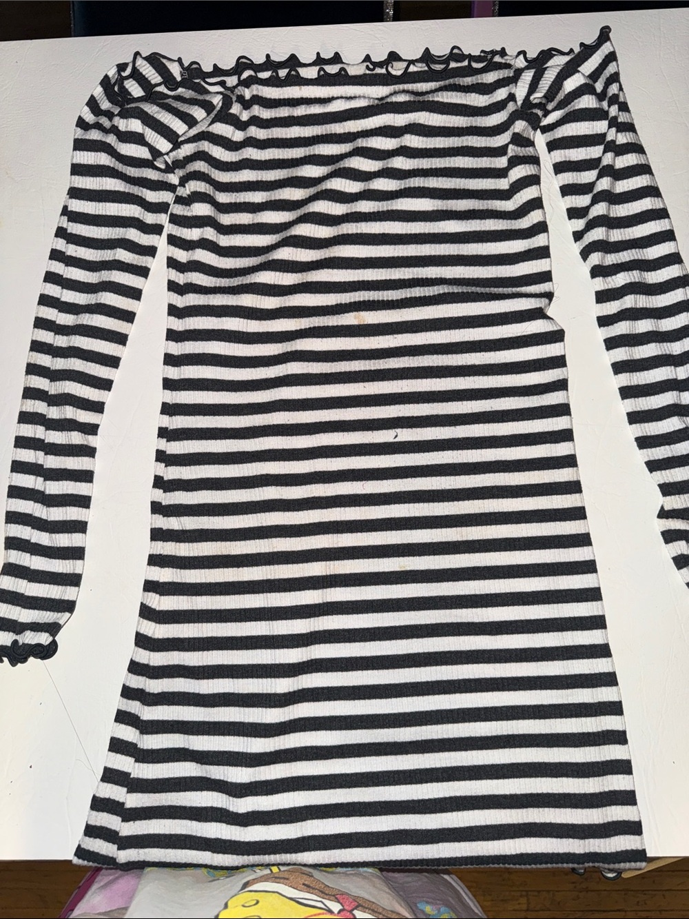 Striped Off-Shoulder Long Sleeve Dress - Black & White